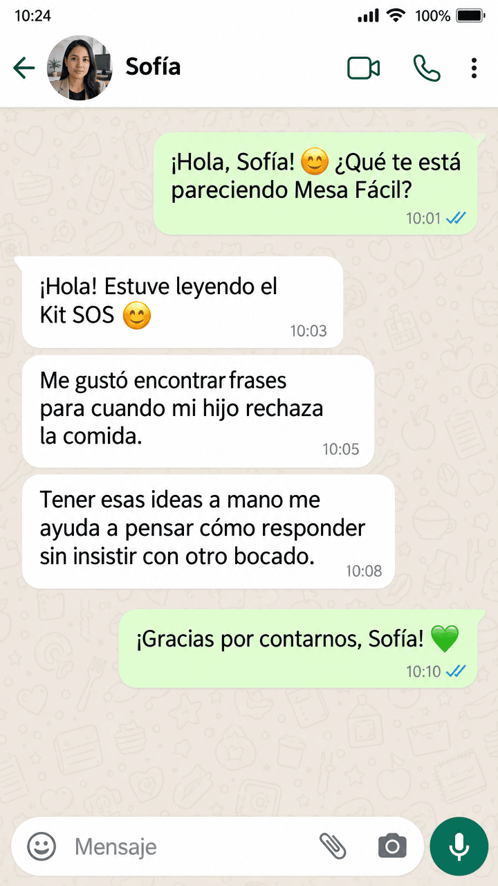 Conversación de WhatsApp: Sofía cuenta que le ayudó a responder sin insistir con otro bocado.